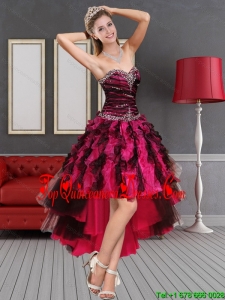 2015 Multi Color High Low Sweetheart Dama Dresses with Beading and Ruffles