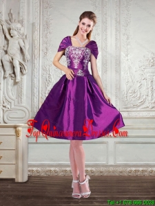 2015 Purple Strapless Embroidery and Beaded Dama Dresses with Cap Sleeves