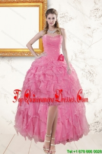 2015 Rose Pink Sweetheart Dama Dresses with Beading and Ruffles