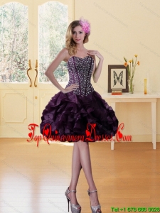 Beaded Burgundy Sweetheart Dama Dress with Ruffled Layers for 2015