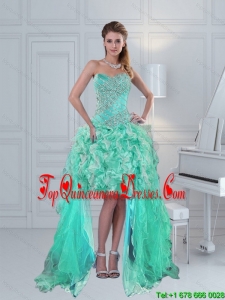 2015 Pretty High Low Sweetheart Ruffled Beaded Dama Dress in Apple Green