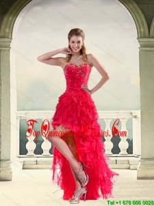 Gorgeous Coral Red Ball Gown Strapless Dama Dresses with Ruffles and Beading