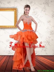 Gorgeous High Low Sweetheart Orange Dama Dresses with Ruffles and Beading