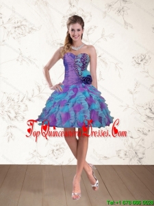 2015 Gorgeous Spring Sweetheart Beaded Multi Color Dama Dresses with Hand Made Flower