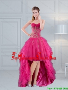 High Low Sweetheart Hot Pink 2015 Quinceanera Dama Dresses with Embroidery and Beading