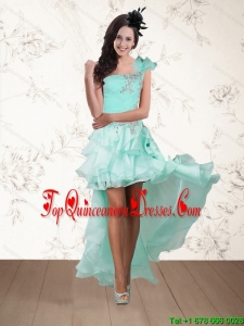 2015 Apple Green One Shoulder Quinceanera Dama Dresses with Embroidery and Hand Made Flower