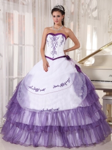 2014 White Applique Purple Neckline Quinceanera Dress