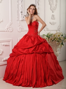 Red Quinceanera Dress With Beads And Sweetheart Neckline