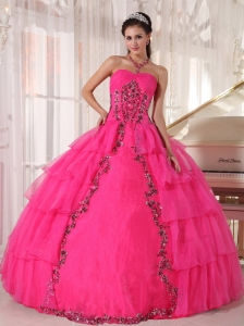 Hot Pink Paillette Quinceanera Dress With Floral Derocation