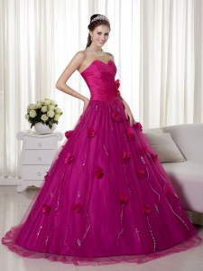 Fuchsia Tulle Quinceanera Dress With Hand Made Flowers