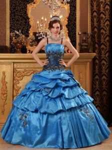 Blue Spaghetti Quinceanera Dress With Black Applique