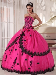 Popular Hot Pink Black Appliques Quinceanera Dress