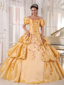 Applique And Pleated Gold Off The Shoulder Quinceanera Dress