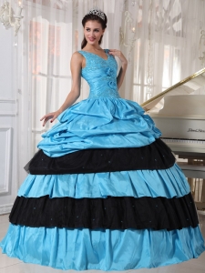 Blue And Black V-neck Beading Quinceanera Dress With Flower
