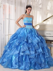 Blue Organza Quinceanera Dress With Sash And Appliques