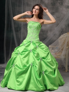 Spring Green Embroidery Beading Pick-up Quinceanera Dress