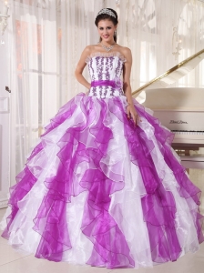 White And Purple Cascading Ruffle Quinceanera Dress