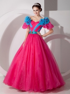 Hot Pink Off The Shoulder Quinceanera Dress Hand Made Flowers