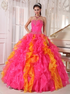 Hot Pink And Orange Quinceanera Dress With Beading And Ruffles