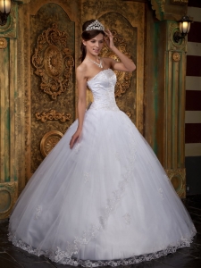 A-line White Quinceanera Dress With Tulle And Lace Trim