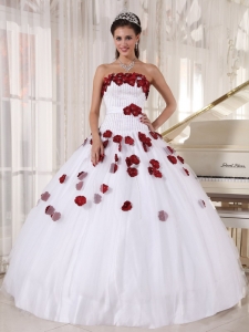 White A-line Quinceanera Dress With Wine Red Hand Made Flowers