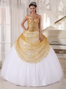 Gold And White Halter Spaghetti Straps Sequin Quinceanera Dress