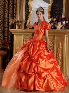 Shimmering Orange Pleated Applique Beading Quinceanera Dress
