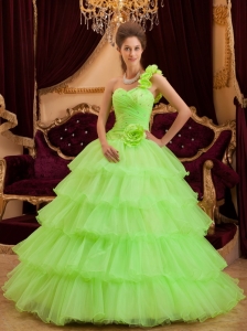 Spring Green One Shoulder Ruffle Quinceanera Dress With Flowers