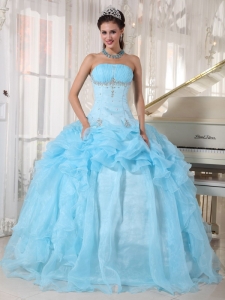 Baby Blue Quinceanera Dress With Beading And Ruched Bust