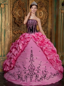 Rose Pink And Black Quinceanera With Ruffles And Appliques