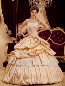 Champagne Applique And Pleated Quinceanera Dress On Sale