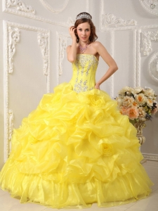 Cute Corset Yellow Quinceanera Dress Pick-ups and Flowers