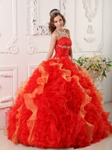 Red And Orange Ruffle Beading Quinceanera Ball Gown