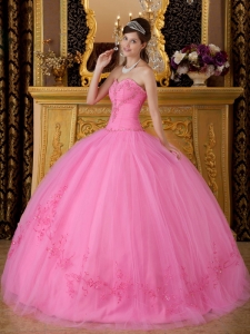Discount Rose Pink Sweetheart Tulle Appliques Ball Gown