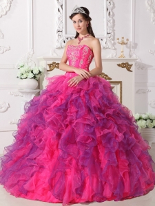 Cascading Ruffle Embroidery Quinceanera in Hot Pink and Purple