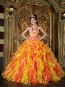 Orange Plunging Neckline Puffy Organza Quinceanera Dress