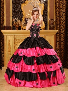 Star Shape Embroidery Black and Hot Pink Quinceanera Dress