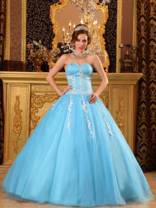 Aqua Blue Embroidery Sweetheart Tulle Quinceanera Dress