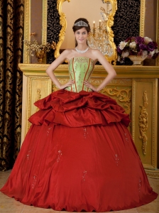 Wine Red And Green Puffy Taffeta Quinceanera Dress