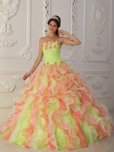 Yellow Green And Red Quinceanera Dress with Hand Made Flowers