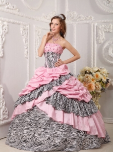 Zebra And Pink Beading Crossed Quinceanera Dress