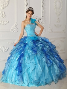 Ruffled Multi-Blue Quinceanera Dress One Shoulder Beading