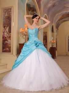 Discount A-Line Aqua Blue and White Sweet 16 Dress Flowers