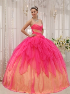 Quinceanera Dress Strapless Beading Hot Pink and Yellow