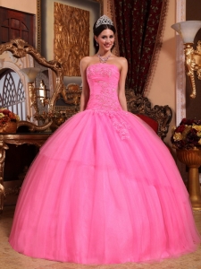 Puffy Dropped Waist Rose Pink Quinceanera Dress Appliques