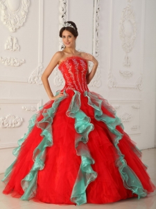 Red Quinces Dresses Strapless Green Ruffles Embroidery