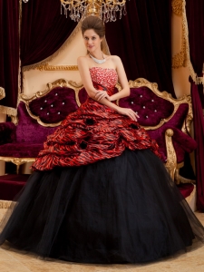 Quinceanera Dress Red and Black Zebra Strapless Beading