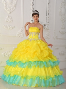 Yellow and Aqua Ruffled Quinceaneras Dress Pick-ups Layers