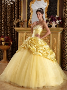 Modest Ruched Special Fabric Yellow Sweet 16 Dresses Beads