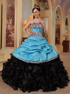 Zebra Print Quinceanera Dress Aqua Blue Sash Black Ruffles